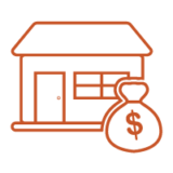 Line icon of a house and a bag of money representing mortgage loans