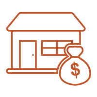 Line icon of a house and a bag of money representing mortgage loans