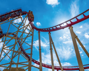 rollercoaster tracks on a bright sunny day